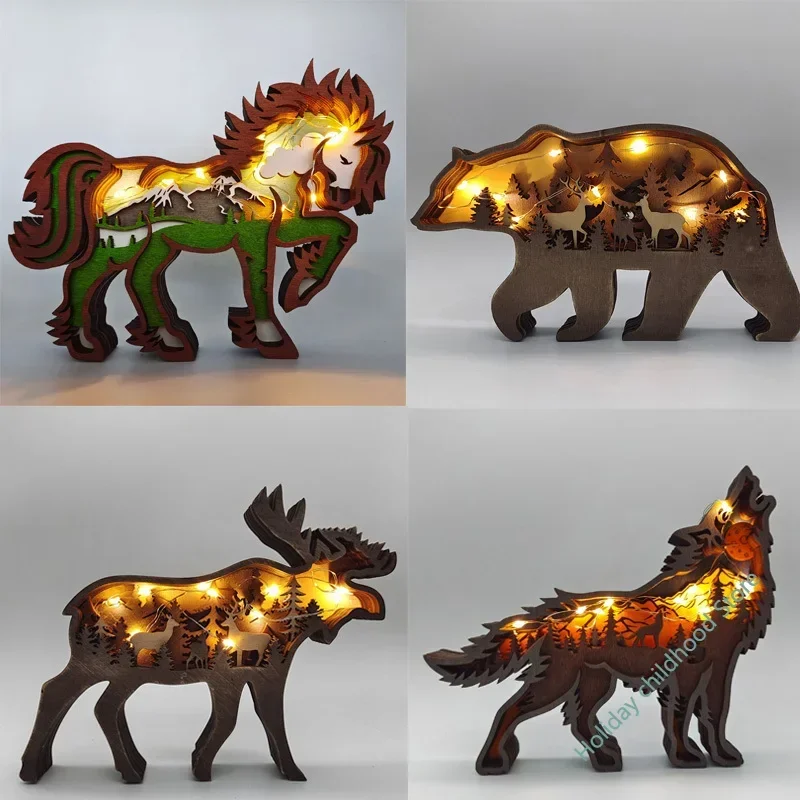 Mother Day Wooden Hollowed Animal Ornament LED Light Wolf Elk Bear Eagle Horse Statue Figurines Desktop Decoration Christmas