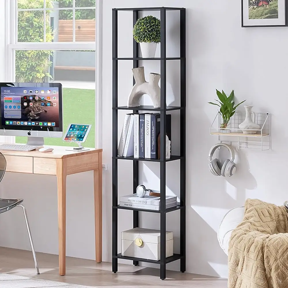 

66In Tall Bookshelf 6-Tier Small Narrow Bookcase, Skinny Book Shelf For Small Space, Farmhouse Slim Shelf With Storage, Wood