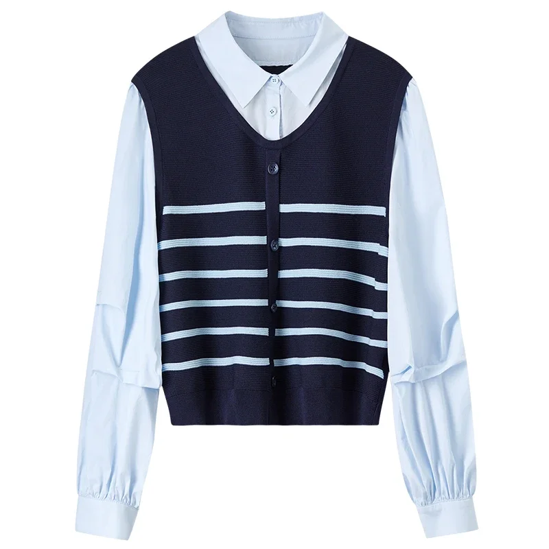 SENTUBILA Patchwork 2 in 1 Women Blouse 2025 Spring Fashion Spliced Striped Folds Drop Sleeve Chic Shirts & Blouses W51C58818