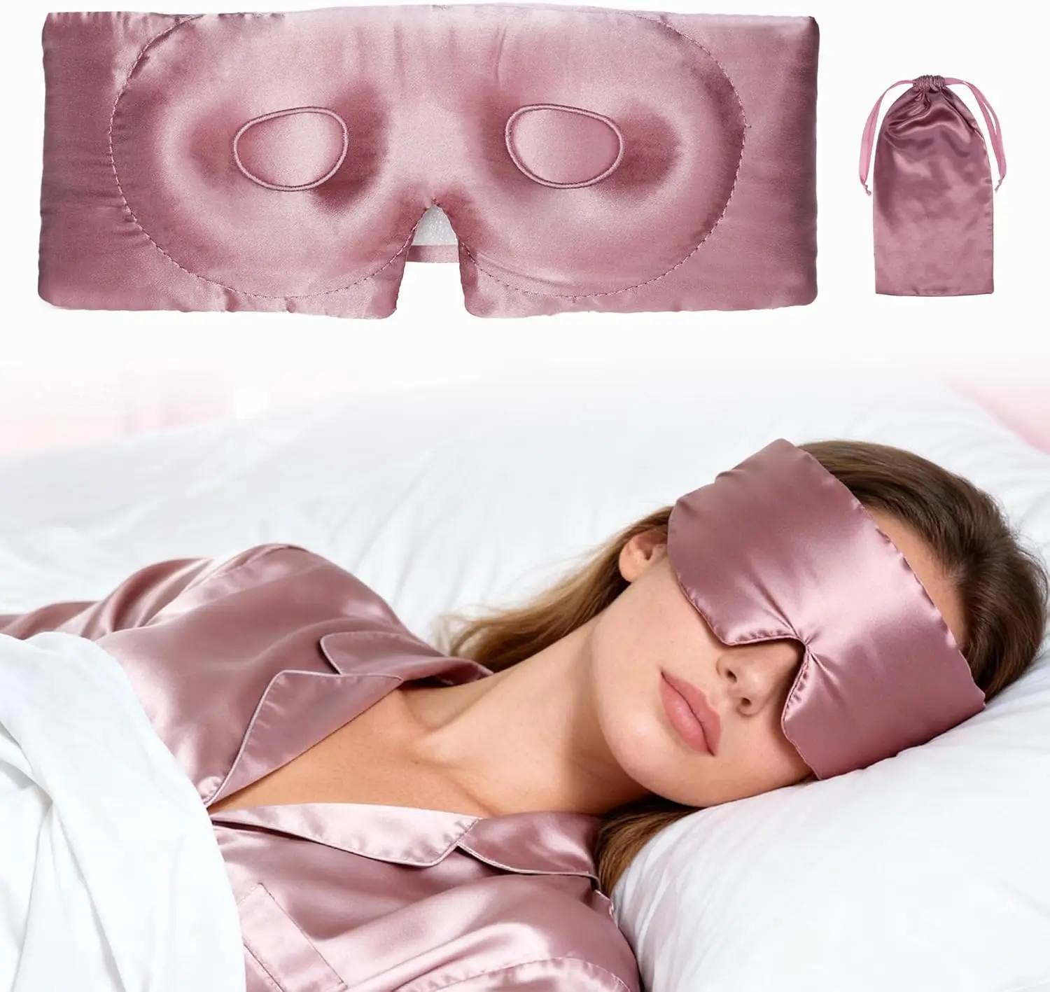 

22 Momme Pure Silk Sleep Mask with Travel Pouch, 3D Contour Adjustable Blindfold for Side Sleepers, Eyelash Protecting, Bean Pink