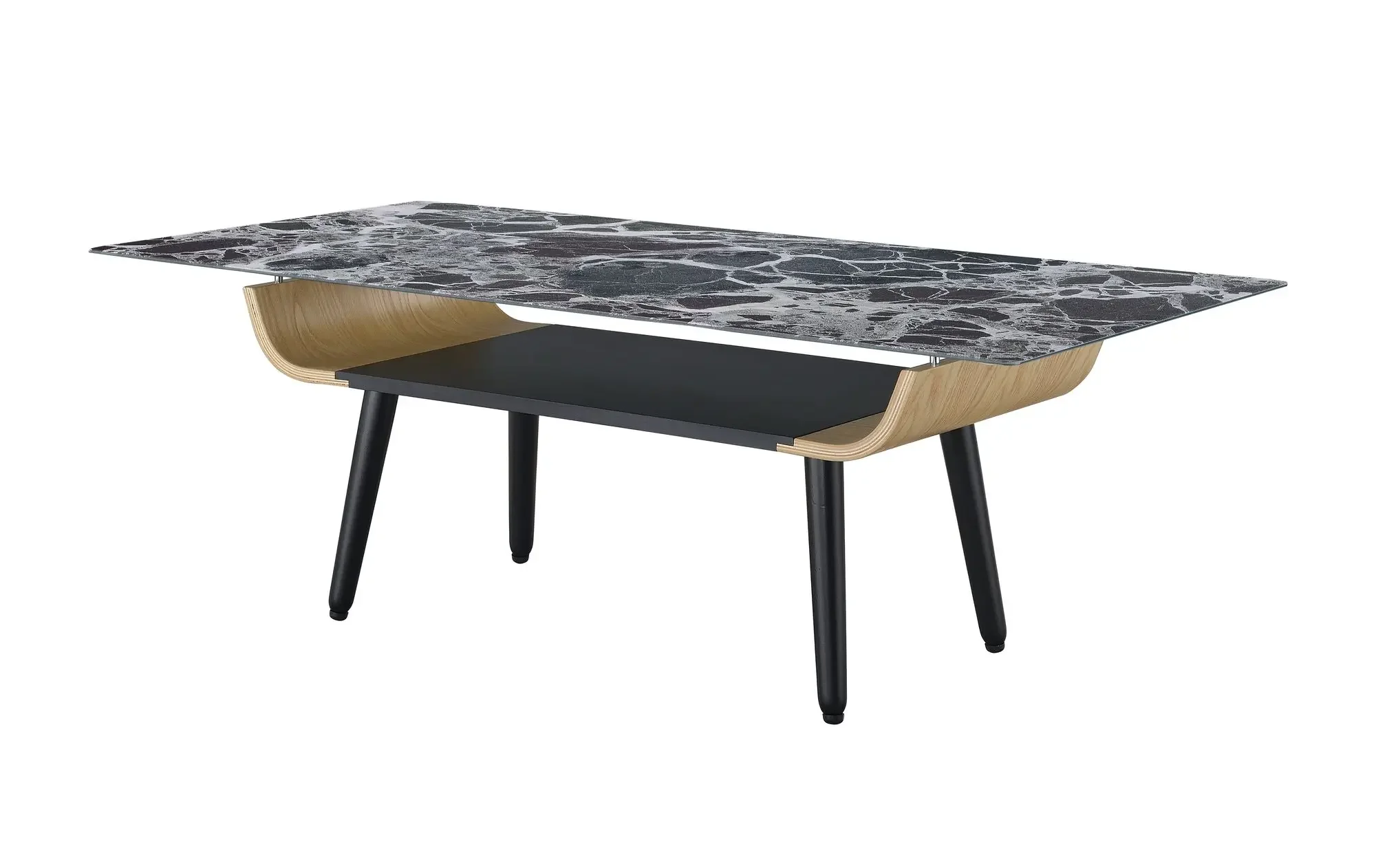 

47" Coffee Table with Glass Black Marble Texture Top and Bent Wood Design,Dichromatic Storage Shelf,Café Tables