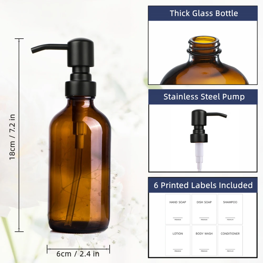 Amber Glass Soap Dispenser with Black Pump for Liquid Soap, Wall Mounted Hand Soap Dispenser Bottle for Bathroom, 2pcs 8oz 250ml