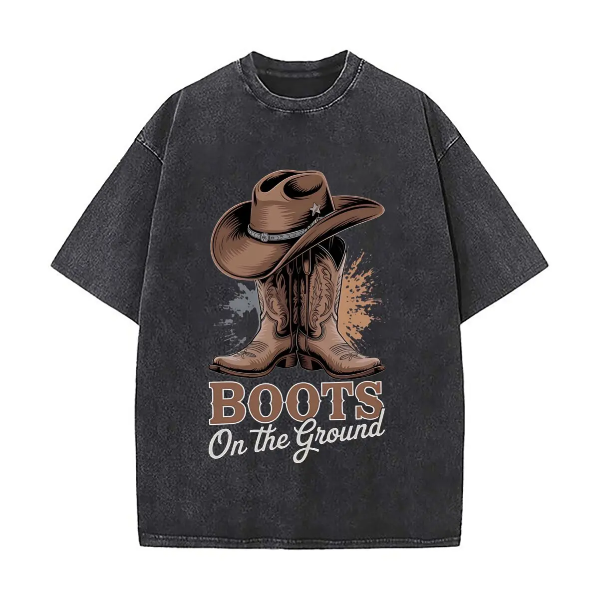 Men's Western Cowboy Hat Boots Washed Distressed Loose Streetwear Tops for City Walks