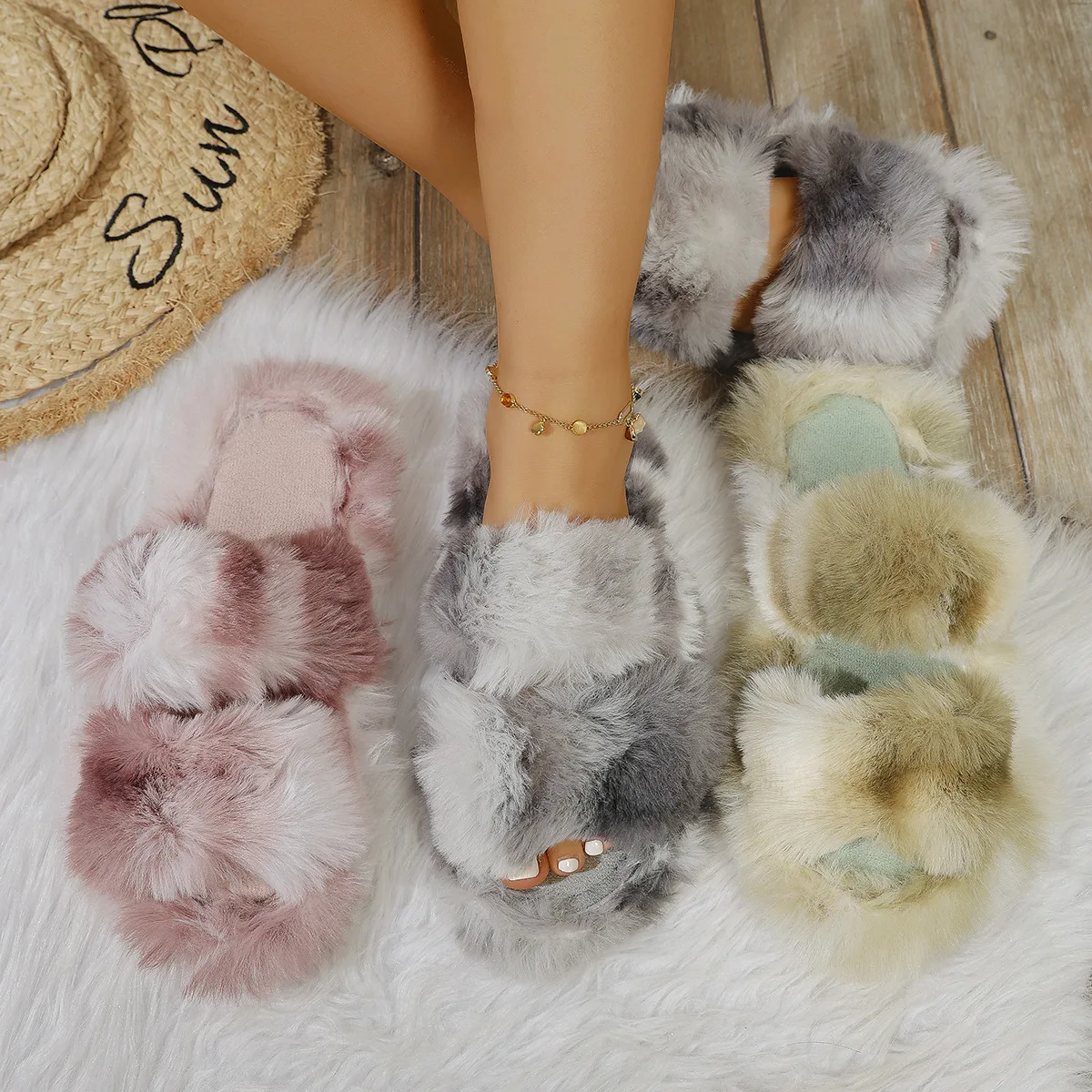 

Новые осенне-зимние плюшевые тапочки с принтом тай-дай для девочек, теплая домашняя обувь на плоской подошве, удобная нескользящая модная плюшевая обувь