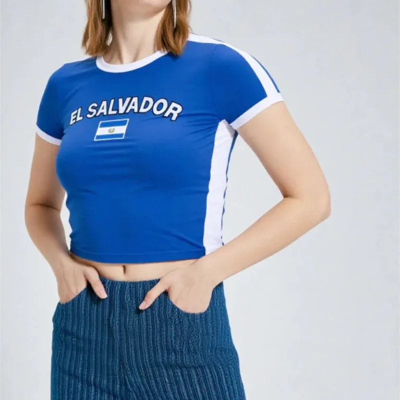 

Summer El Salvador Y2K Baby Tee Slim Fit T-shirt Women's Sexy Short Sleeved O-neck Basic Blue Sports Casual Style Crop Tops