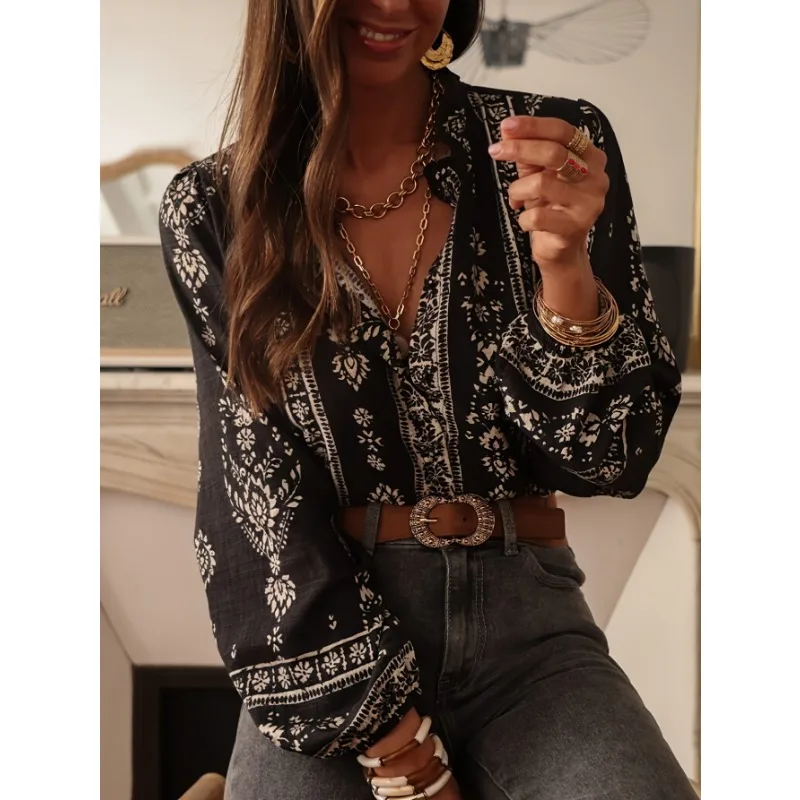 

Женская блузка в стиле бохо с цветочным принтом, V-образным вырезом, пышными длинными рукавами, свободного кроя, в богемном стиле