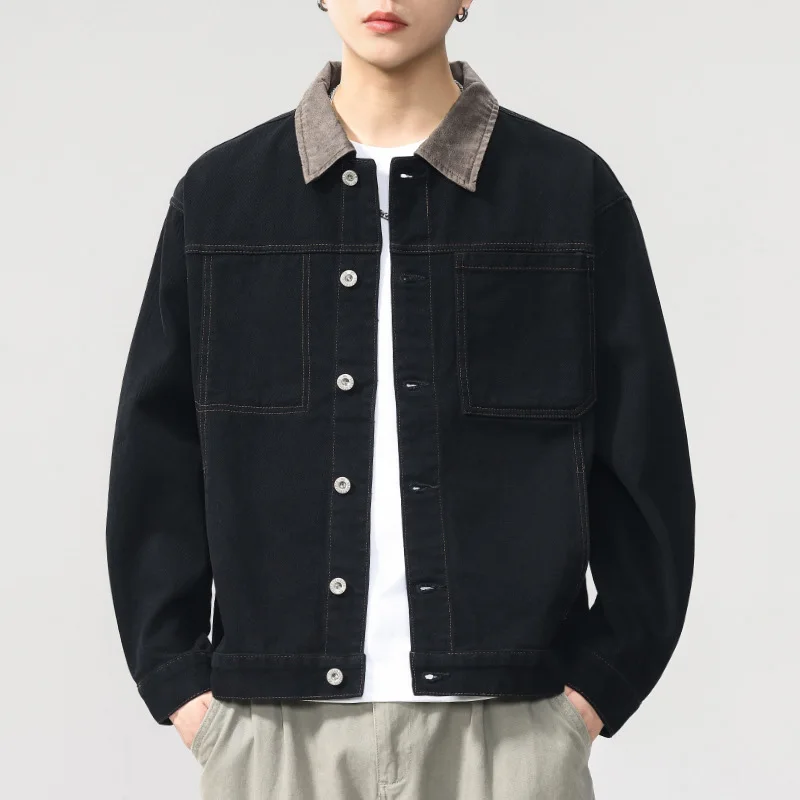 

Man Jacket Spring Autumn American Patchwork Single-breasted Men Coat Turn Down Collar Long Sleeve Versatile Male Outerwear