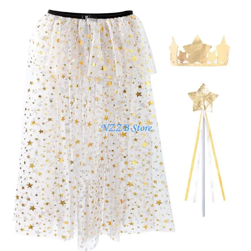 

T21F 2Pcs Princess Cloak with Crowns Headband for Girls Sequins Tulle Princess