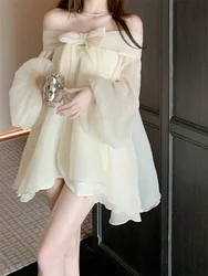 Women's French Bow Off Shoulder Chiffon Dress Long Lantern Sleeves A-line Short Party Dresses New Summer Princess Dress