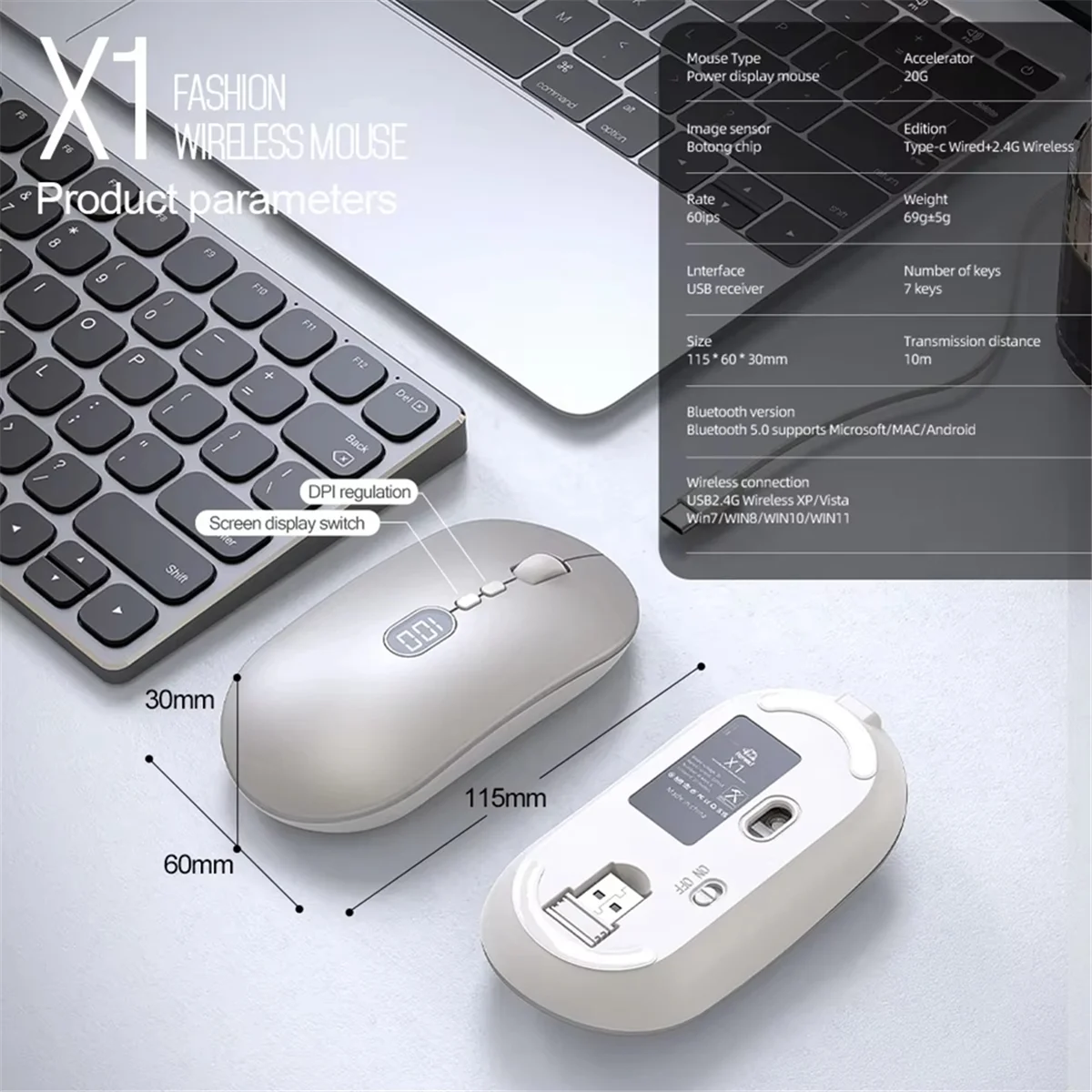 DQ2G Wireless Computer Mouse with Battery Level Visible Rechargeable 2.4G Portable USB Mouse Silent Click for PC Laptop B