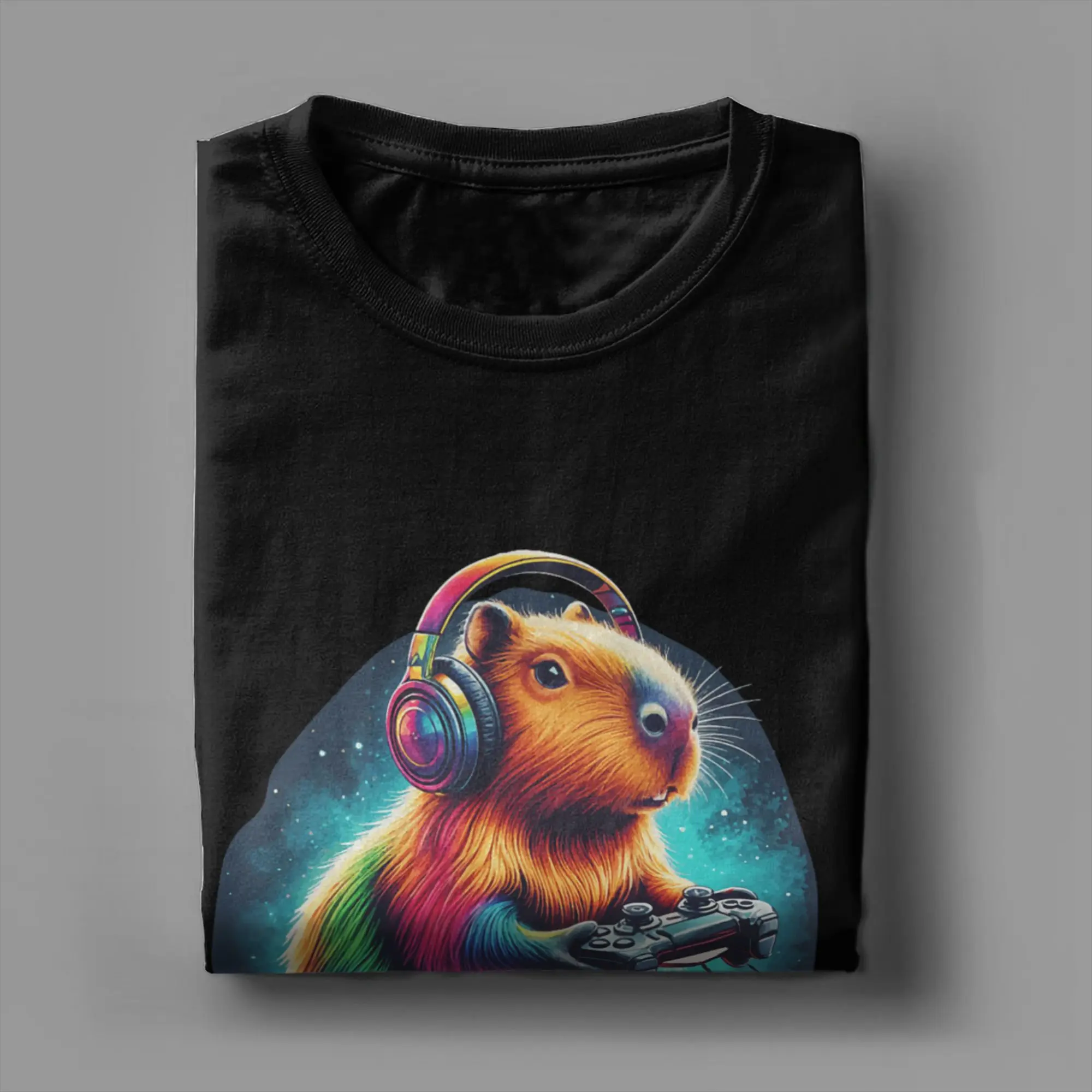 Capybara Gaming Video Game Colorful Capybara Gamer Men's T Shirt  Amazing Tee Shirt Short Sleeve Round Collar T-Shirts Cotton