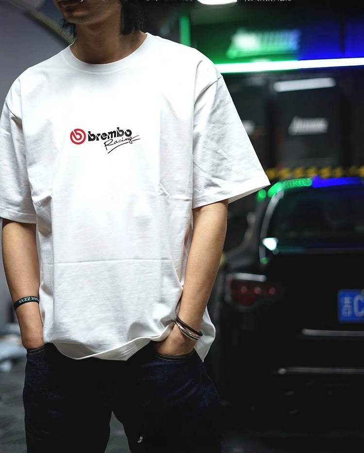 JDM Style Brembo Brake Puro Cotone Pesante Manica Corta 2025 Estate Vendita Calda Puro Cotone Moda Manica Corta da Uomo Tendenza