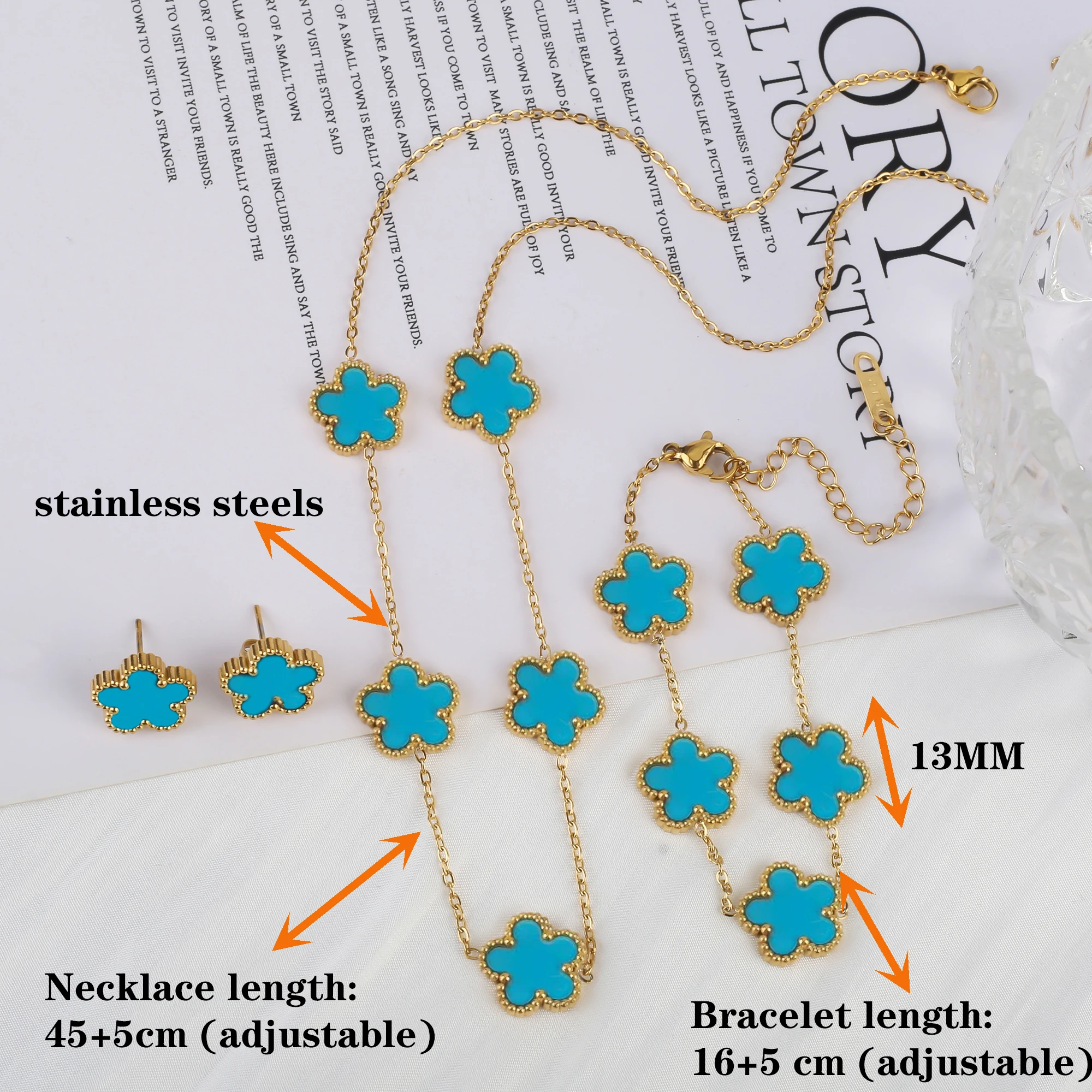 INS Hot Sale Color Preserving Women Stainless Steel Five Leaf Flower Party Jewelry Necklace Set Bracelet Earrings free shipping