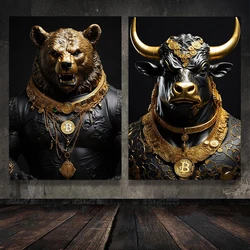 Bitcoin Bull and Bear Gold Canvas Painting Bull Market Motivation Poster Print Picture Home Decoration for Living Room Deco