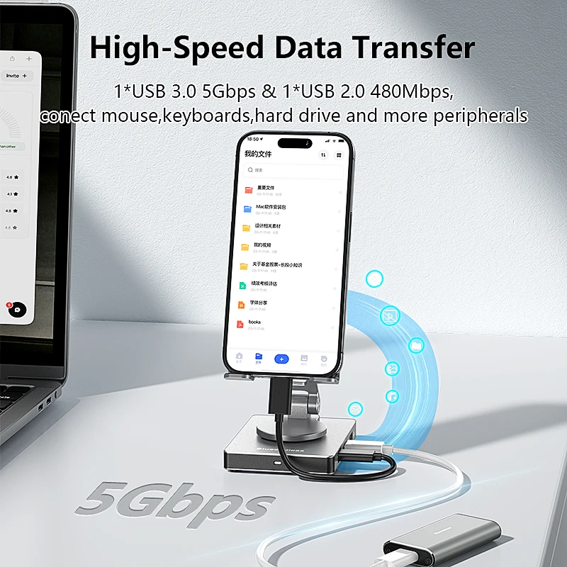 حامل هاتف 2 في 1 ومحور USB C مع المضيف/USB3.0/USB2.0/HDMI 4K 60HZ/SD/TF 3.5 ملم صوت/PD 100 وات متوافق مع الهواتف والمفتاح #3