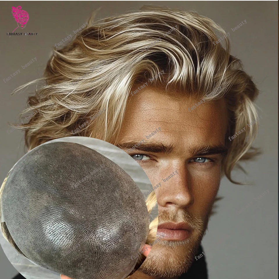 

0.06mm Durable Super Natural Hairline Men's Micro Thin SkinToupee #4T613 Ombre Blonde Human Hair Undetectable Vloop Prosthesis