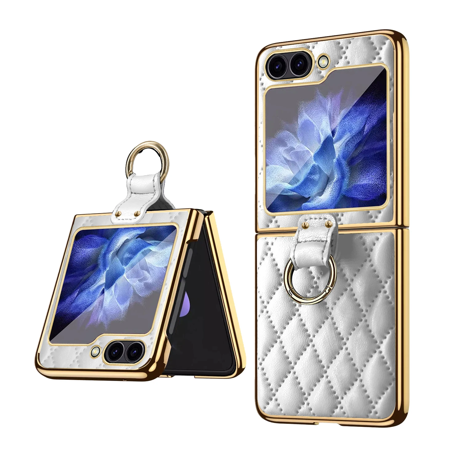 Suitable for Samsung Folding Screen Flip3 4 5 6 Phone Case with Tempered Film Small Fragrant Style Diamond Grid Ring Bracket