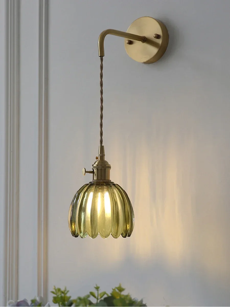 Floral Glass Wall Lamp Japanese Retro Modern Simple Bedside Lamp for Bedroom Study Led Mirror Light Nordic Wall Sconce