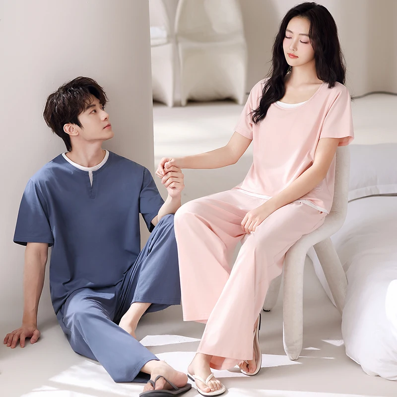 High Quality Couple Pajama Set Summer Men and Women 100% Cotton Casual Short Sleeve Solid Pyjamas With Chest Pad