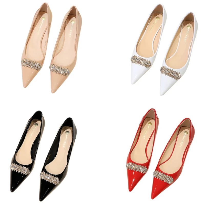 Women 4.5cm Thin Mid Heels Classic Pointed Toe Shoes Patent Leather Crystal Metal Decoration Lightweight Formal Ladies Pumps