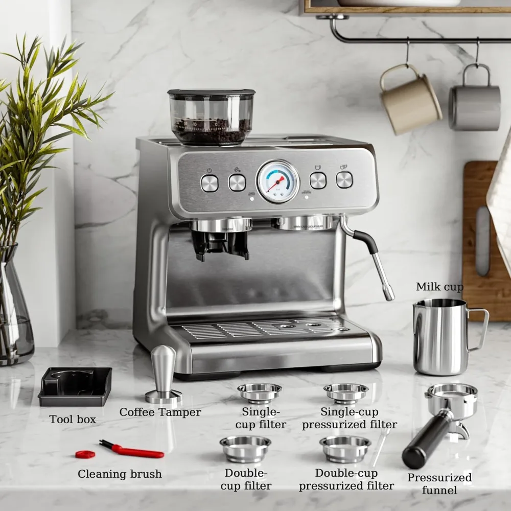 Espresso Machines with grinder, 20 Bar Professional Espresso Maker with Milk Frother Steam Wand & Removable Water Tank