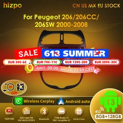 Hizpo-Autoradio Android 13, Navigation GPS, Carplay, Lecteur de Limitation existent, 2Din, Gradué 7862, 206CC, 206SW, 206-2000, 2008