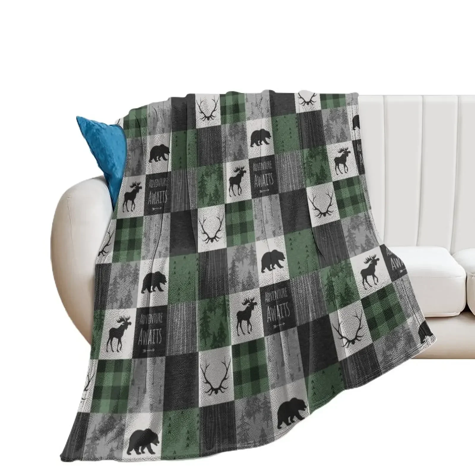 

Northwoods Adventure Patchwork - grey and green Throw Blanket Bed Multi-Purpose Loose anime Blankets