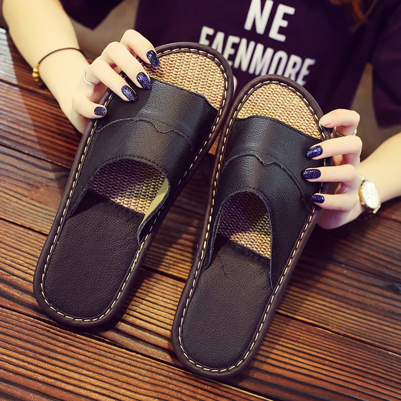 Couple Slippers Genuine Leather Cowhide Men Women\'s Slippers Spring Summer Non-Slip Flats Shoes Comfortable Soft Beach Shoes