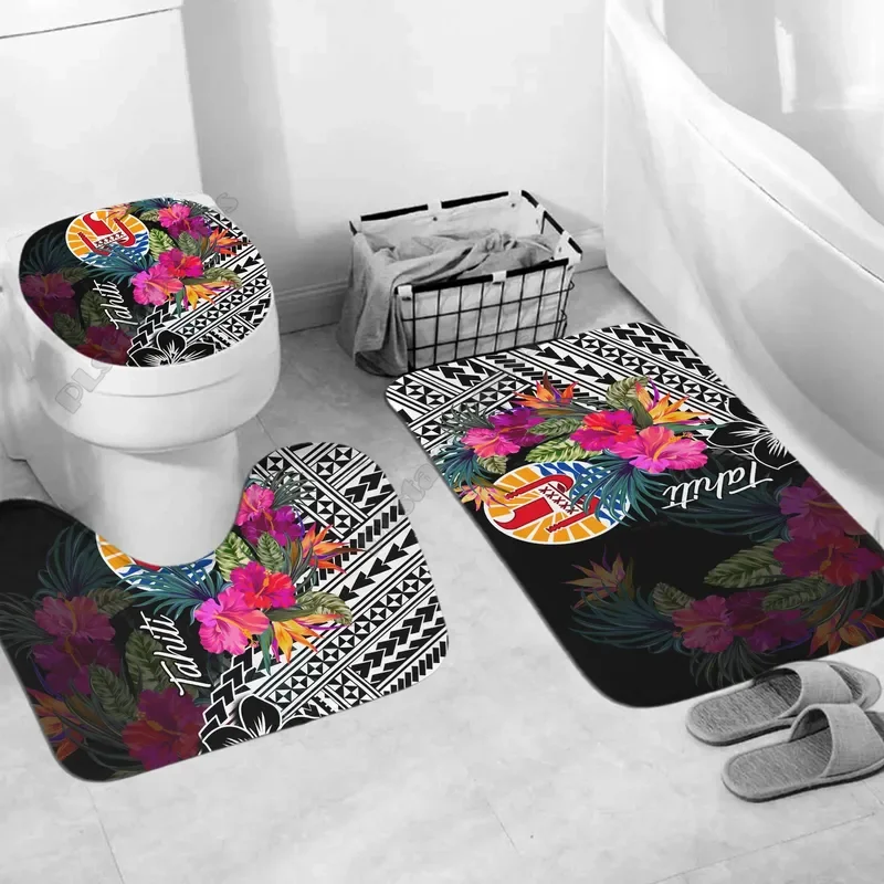 Tahiti bathroom set Polynesian with hibiscus 3D all over printed bathroom pedestal rug lid toilet cover bath mat set