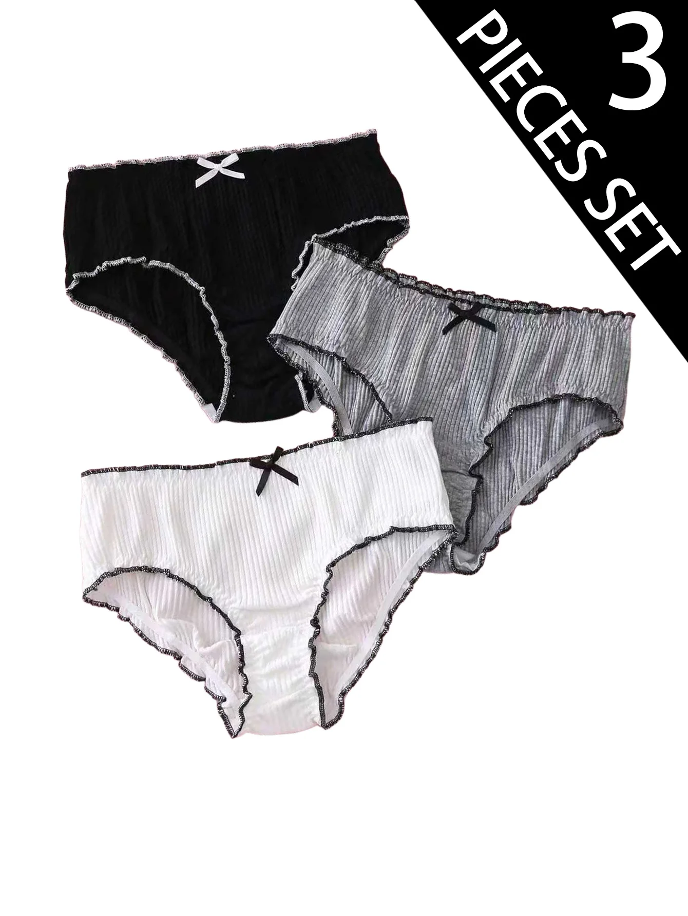 3 pairs of 8-12 years old black and white pothole wrinkled cute bow girl briefs comfortable not tight-belly girl student briefs