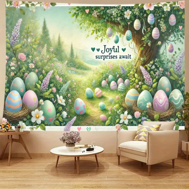 VIKAMA Joyful Easter Surprises Forest Tapestry Spring Garden Wall Hanging Home Decor Wall Blanket Party Backdrop Decoration