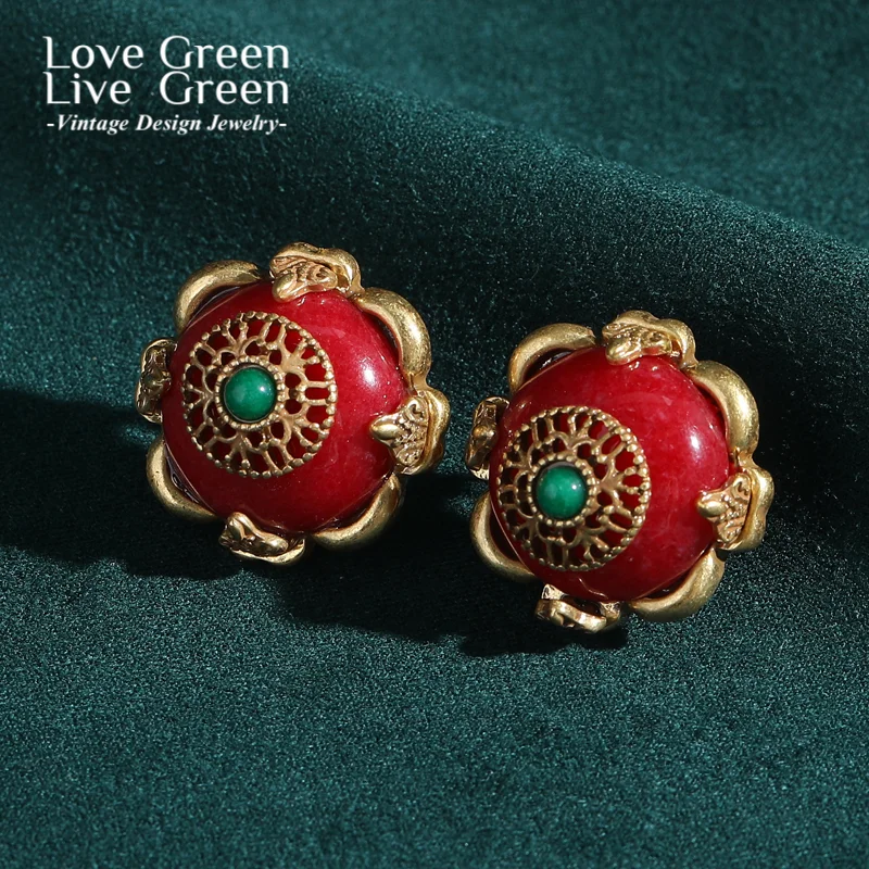 

Vintage Round Red Natural Stone Stud Earrings For Women Jewelry Crystal Retro Antique 2025 Trend Classic Elegance New In Gift