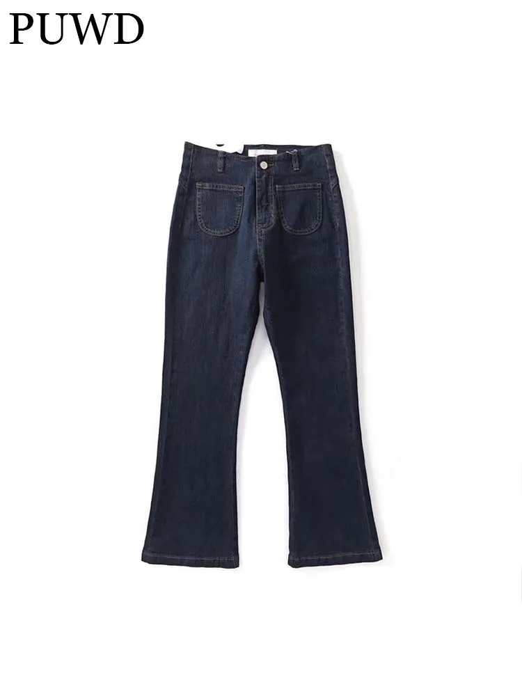 

PUWD Vintage Girls Cowboy Blue Pants 2022 Spring-Autumn Fashion Ladies High Waist Trousers Elegant Women Chic Denim Pants