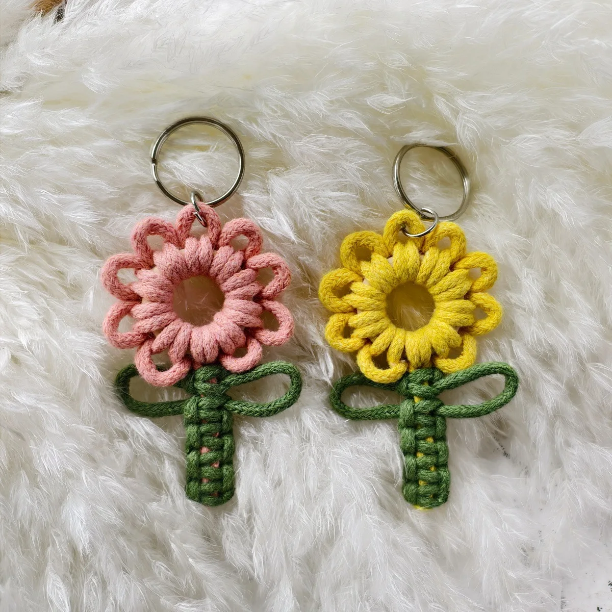 Handmade Macrame Flower Keychain,Boho Hanging Ornament for Car Rearview Mirror & Home Wall Decor