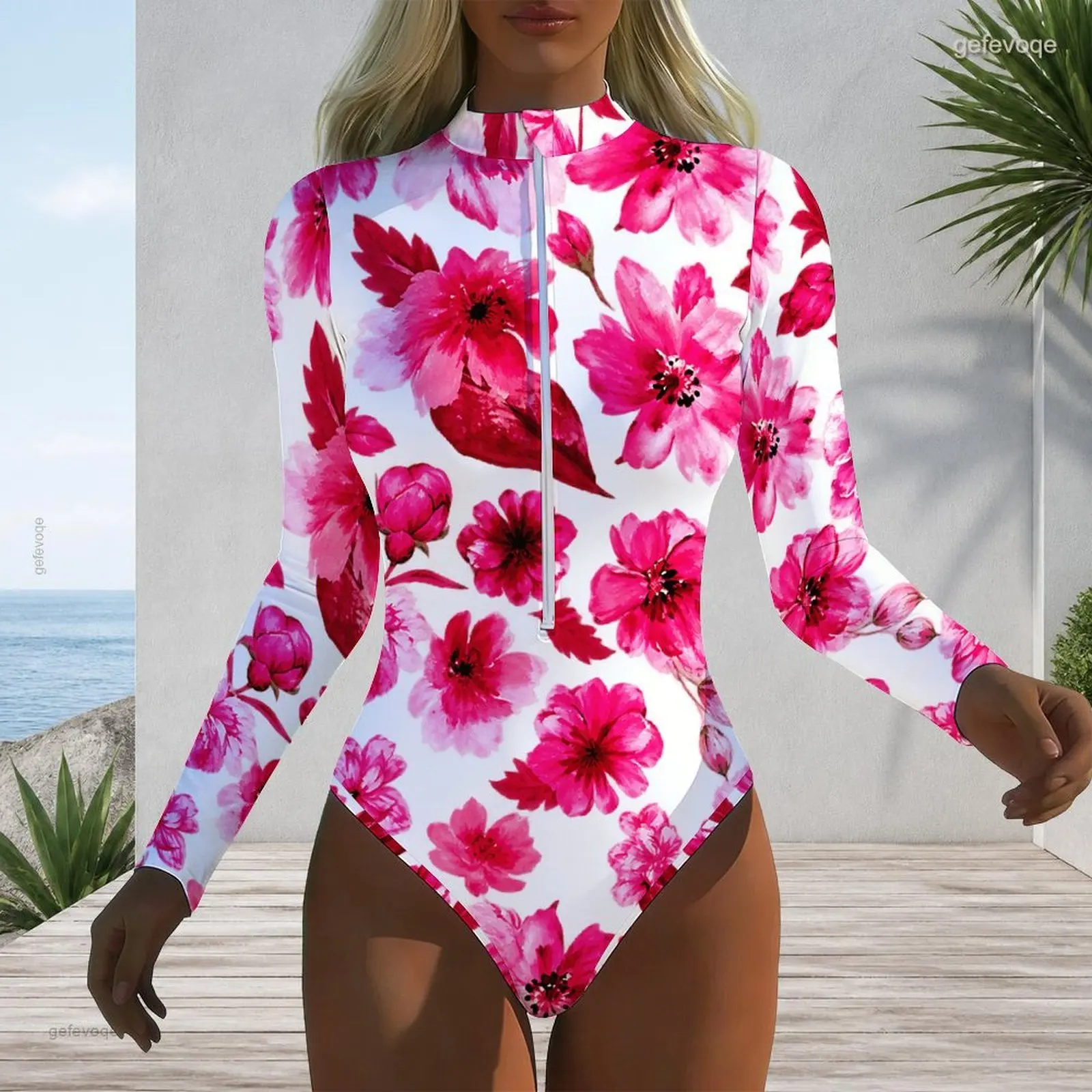 Women Swimsuit with Print High Neck Front Zip Long Sleeve One Piece