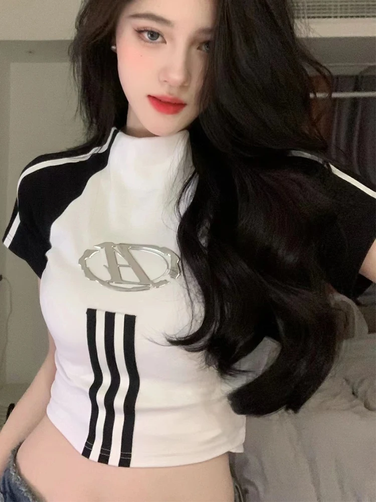 Korean Fashion T-shirt Women Summer Short Sleeve Striped Patchwork Crop Top American Retro Hot Girl Harajuku Y2k Slim Tops Tees