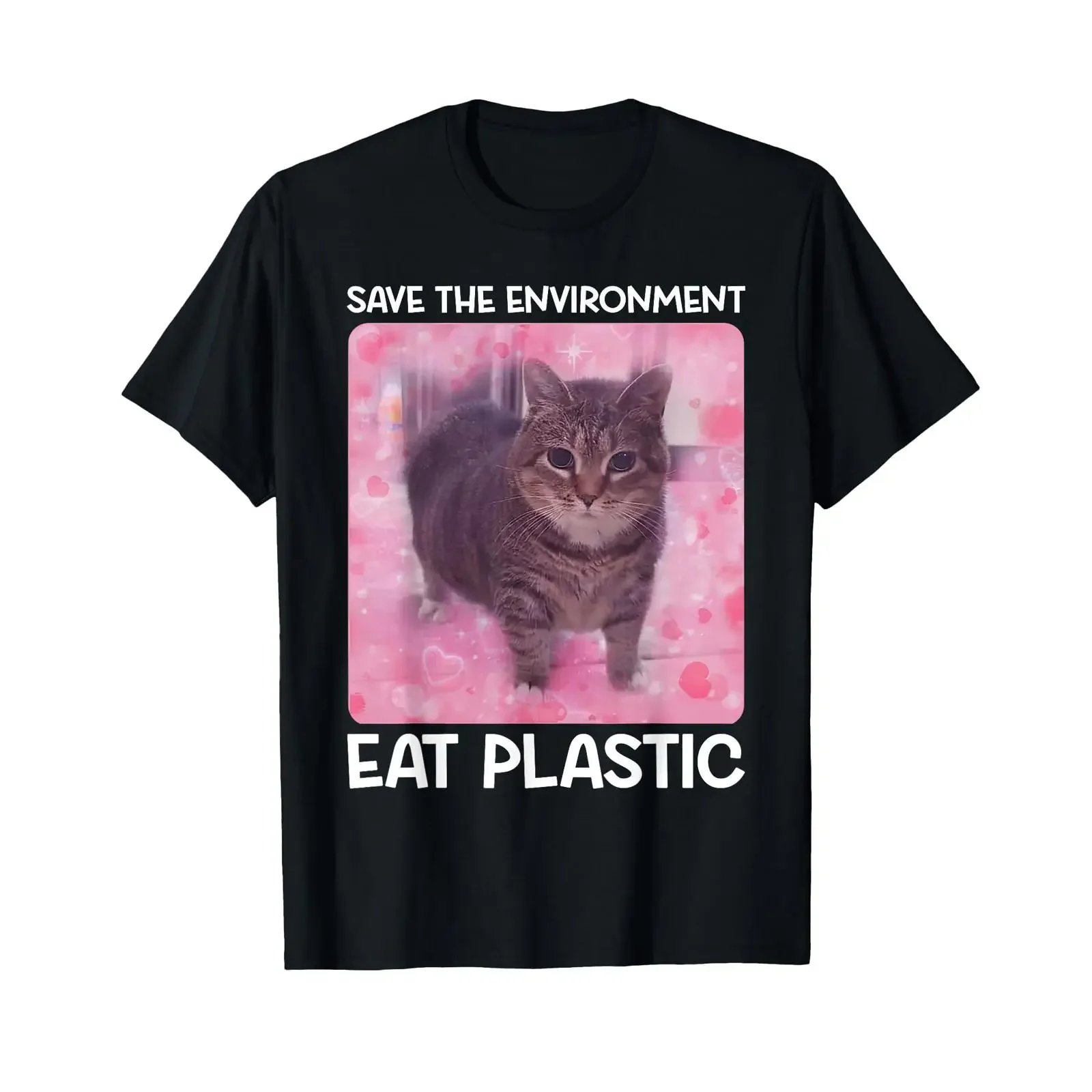 Save the Environment Eat Plastic Cute Cat Meme T Shirt black S vintage Washed Casual fashion Slightly Unisex streetwear homme