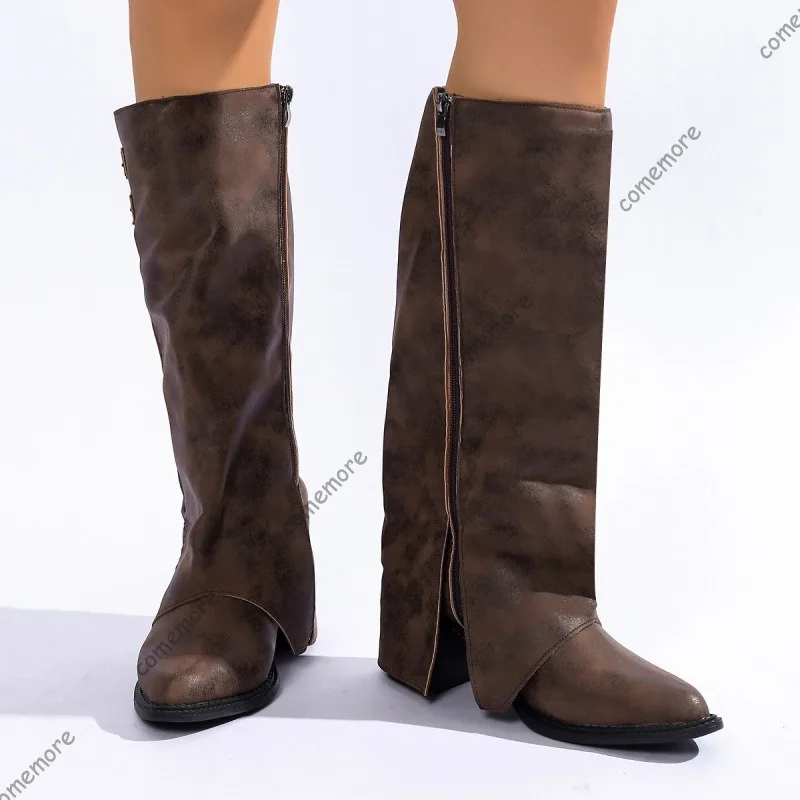 

Comemore Retro Belt Buckle High-heeled Trouser Long Boots Autumn New Large Size Side Zipper Cowboy Pointed Toe Knee High Boots