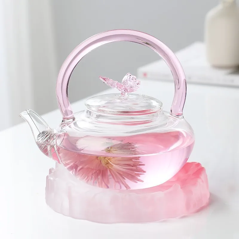 

Pink Butterfly High Temperature Tea Pot High Borosilicate Transparent Glass Beam Pot Electric Clay Stove Tea Kettle Tea Cup