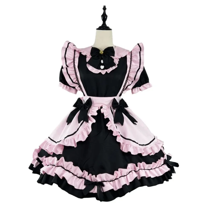 Traje de sirvienta de Lolita japonés, traje de niña dulce, lazo de gato lindo, traje de niña suave, traje de Halloween, negro y rosa, nuevo estilo