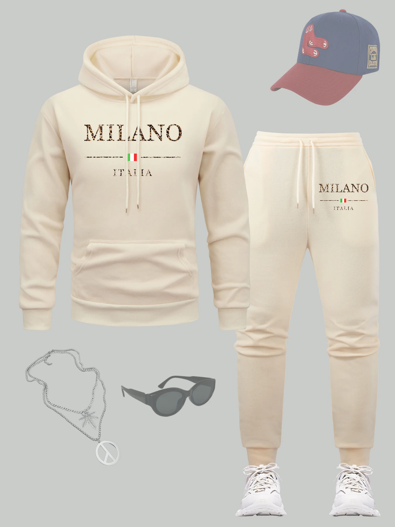 

Milano Italia City Print Men Hoodie Set Casual Fleece Pullover All-Match Loose Sweatpants Hip Hop Drawstring Clothing Sets