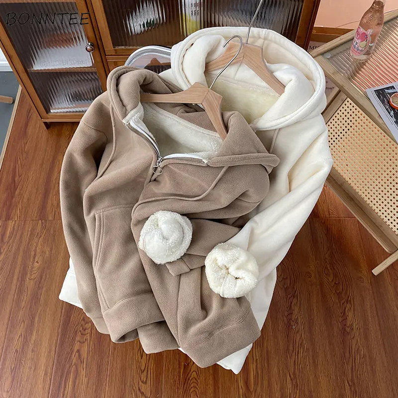 

Basic Sporty Jackets Women Thicken Autumn Winter Warm Leisure Loose BF Simple Ulzzang Sweet Outwear Pockets Design Harajuku Cozy