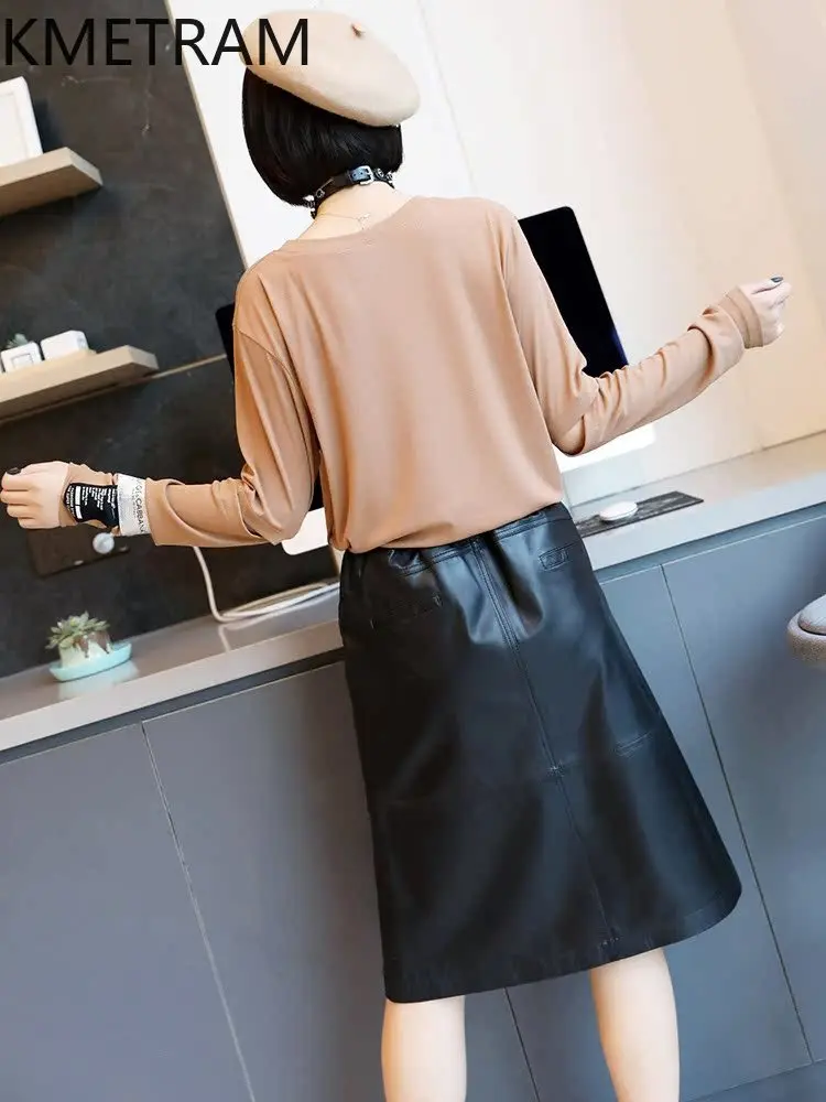 KMETRAM Real Sheepskin Genuine Leather Skirt Womens Long Skirts Autumn Women Clothing 2024 New Arrivals Knee Length Skirt Готика