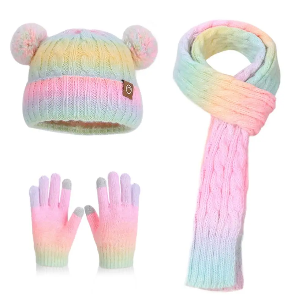 

3pcs Set of Anti Cold Winter Hats Scarves Gloves Ear Protection Gradient Color Knitted Hat Scarf Outdoor Keep Warm Cap