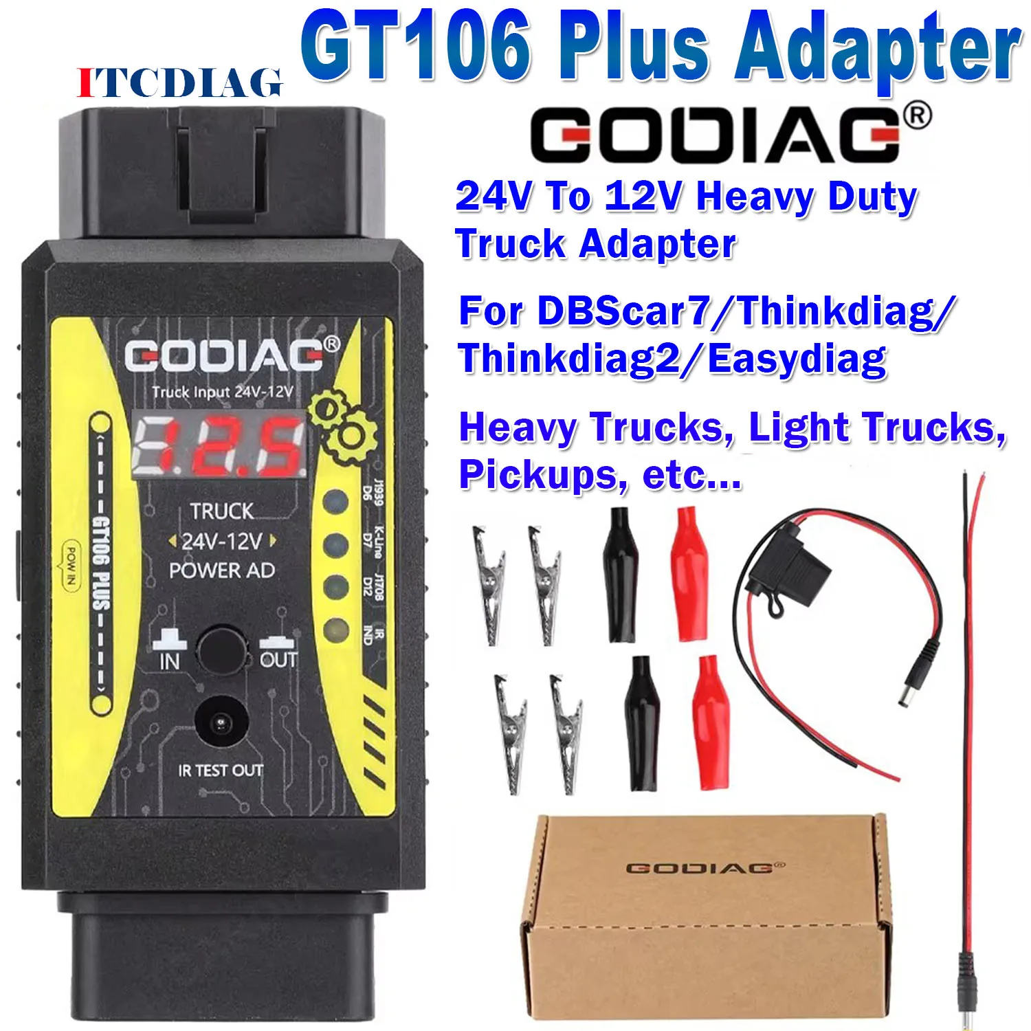 Godiag GT106 PLUS OBD2 24V to 12V Heavy Duty Truck Adapter for Easydiag/ Golo/ ThinkCar/ICarScan/Thinkdiag 2/DBScar II DBScar7