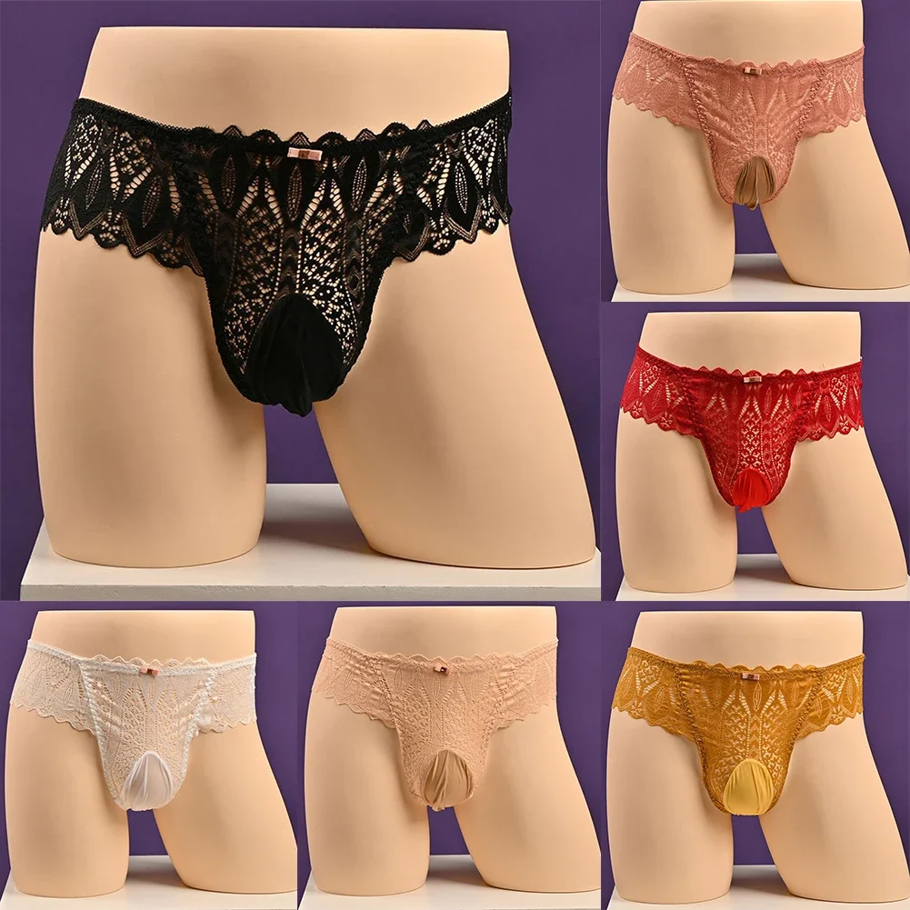 Men Sexy Briefs Low Waist Pouch Panties Lace Underwear Mesh Hollow Out Lingerie Sissy Mens Thongs And G String Bikini