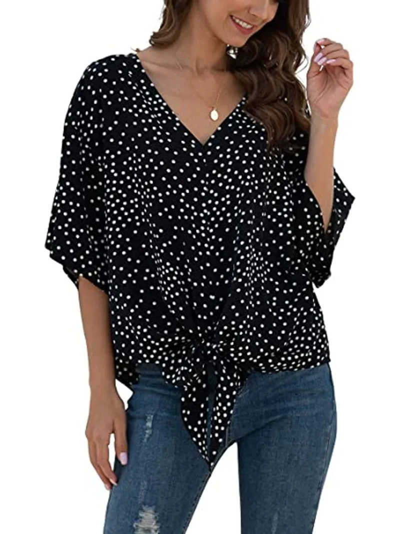 

Women's Fashionable V-neck Tie Up Short Sleeved Printed Casual Elegant Loose Comfortable Shirt Women's Top