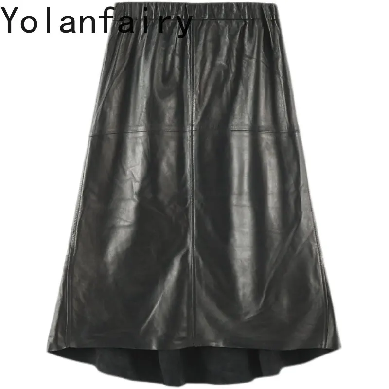 

YOLANFAIRY 2026 Autumn Women Genuine Sheepskin Leather Half Skirt Black Mermaid Skirt Elastic Waist Hip Wrap Real Leather Skirts