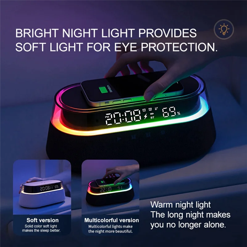 AB45 Altoparlante Bluetooth Stereo Batteria da 1800 mAh Supporta 15 W Ricarica wireless Orologio digitale Display Lampada da scrivania con luce notturna