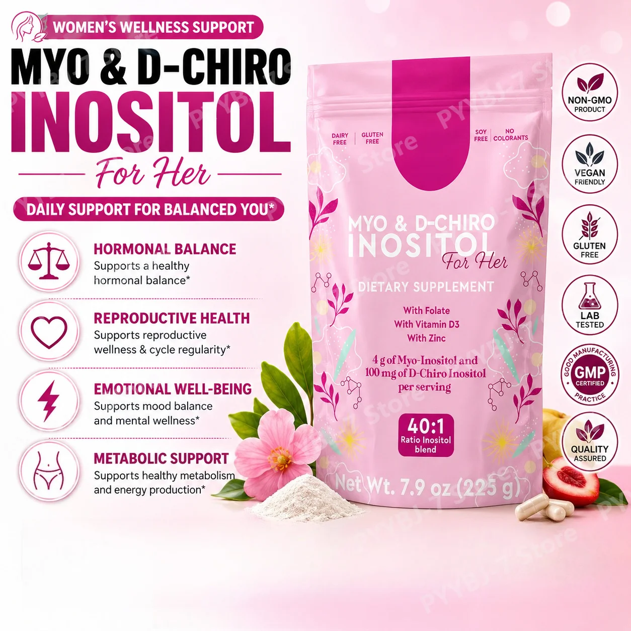 

Myo-Inositol D-Chiro Inositol 40:1 Blend Powder, Folate Vitamin D3 Zinc Women Wellness Dietary Supplement 225g